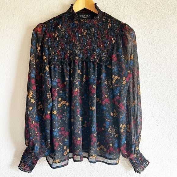 Laundry by Shelli Segal Floral Smocked Blouse High Neck - Picture 1 of 11